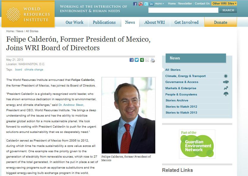 Calderón se une a instituto mundial ambiental