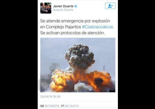 Javier Duarte publica una foto de Libia al informar sobre la explosión en Coatzacoalcos