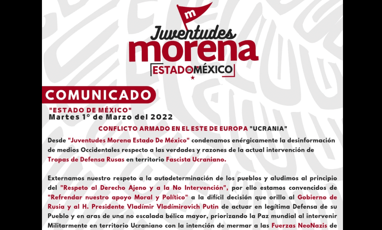 Militantes de Morena en el Edomex defienden la invasión de Rusia a Ucrania: afirman que Putin actuó “en legítima defensa”
