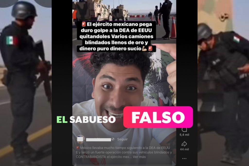 ¿El ejército mexicano incautó oro y dólares transportados en vehículos de la DEA? Es falso