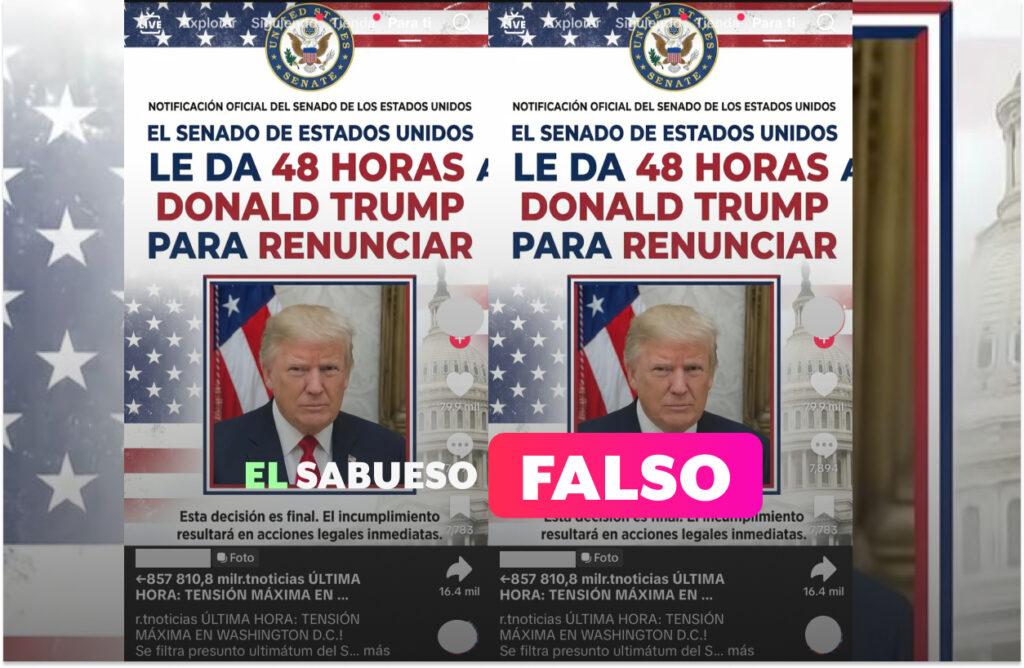 El Senado de Estados Unidos no dio un ultimátum de 48 horas a Trump para renunciar a la presidencia