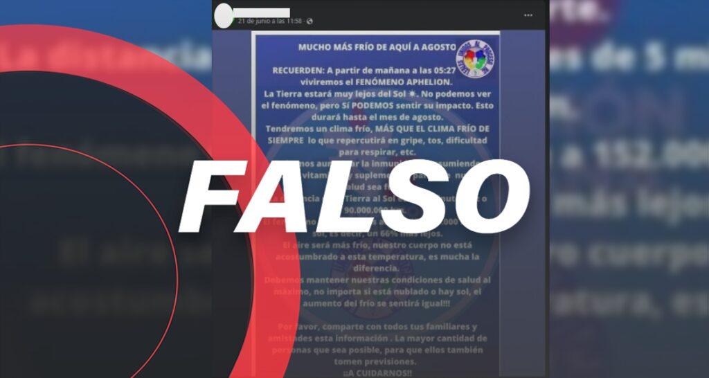 Falso que el ‘fenómeno afelio’ cause baja abrupta de la temperatura y daño a la salud