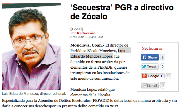 El diario Zócalo Monclova denuncia la detención “arbitraria” de su director