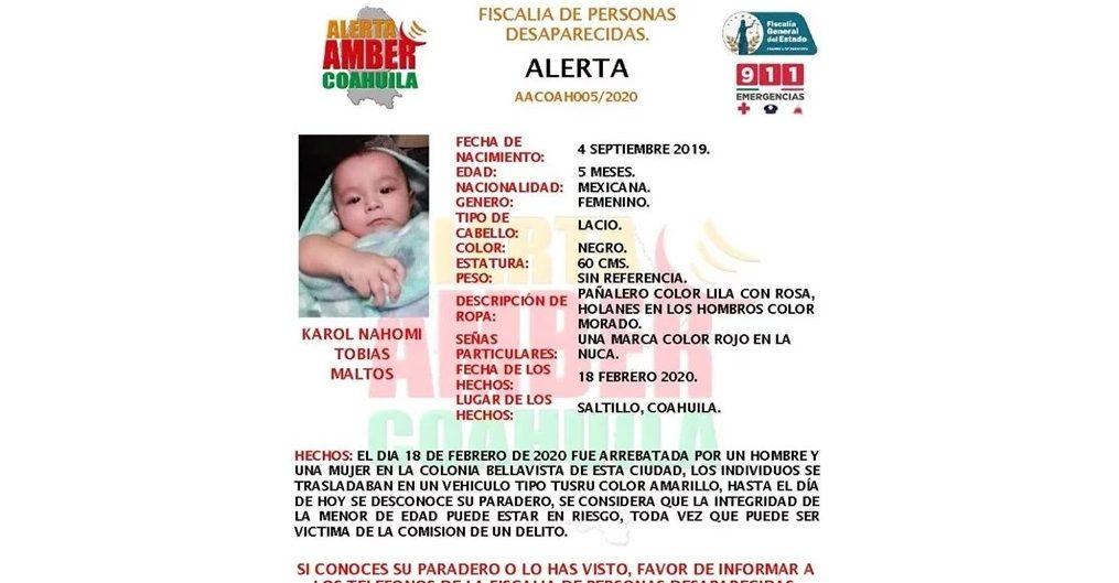 Hallan muerta a la bebé Karol Nahomi; fue robada a su madre en Saltillo, Coahuila