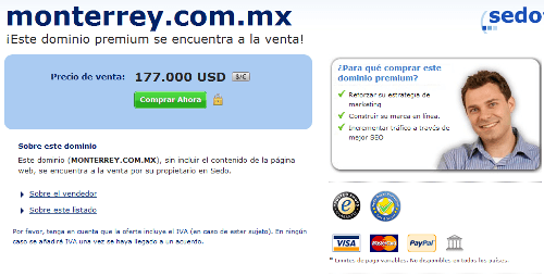 Venden el dominio monterrey.com.mx en 177 mil dólares