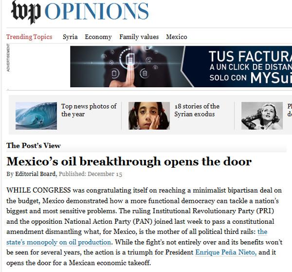 Aprobación de la Reforma Energética un triunfo de Peña Nieto: <i>WP</i>