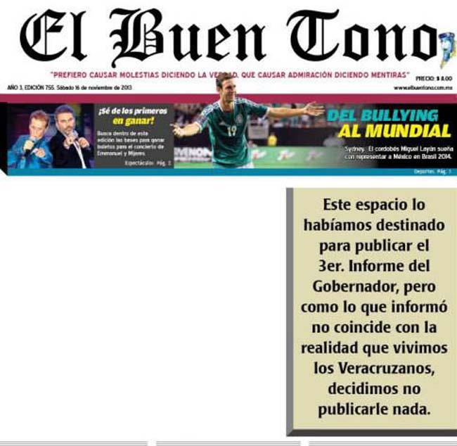 Periódico Veracruzano publica en blanco en protesta por informe de gobernador