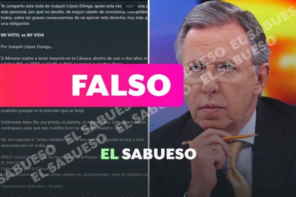 Falso que López-Dóriga sea el autor de la ‘nota’ donde se llama a no votar por Morena