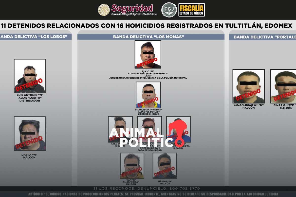 Detienen a 11 personas en el Estado de México presuntamente vinculadas con 16 homicidios; entre ellos hay 2 policías