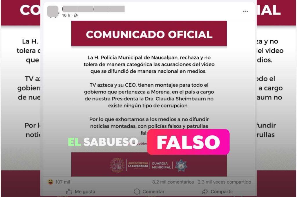 La policía de Naucalpan no emitió un comunicado sobre “noticias montadas” transmitidas en TV Azteca