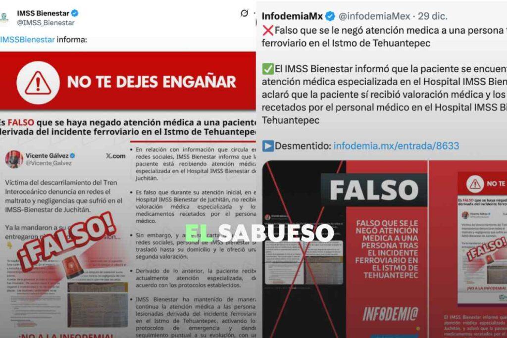 IMSS-Bienestar e Infodemia difunden datos engañosos sobre atención médica de víctima del accidente del Tren Interoceánico